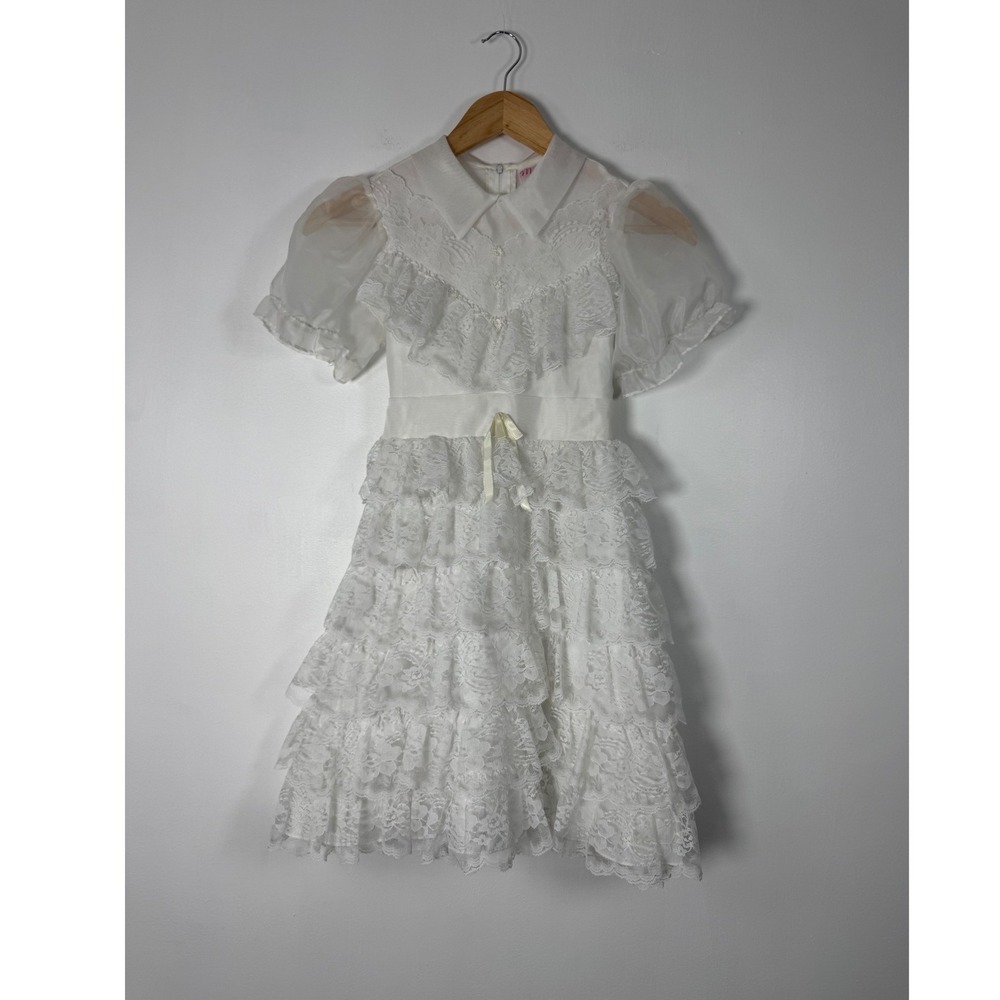 Coquette Merry Girl Girls 10 Party Dress White Lace Tiered Puff Sleeve Vintage
